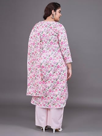 Tissu Women's Plus Size Pink Floral Printed Pure Cotton Kurta & Palazzo With Dupatta