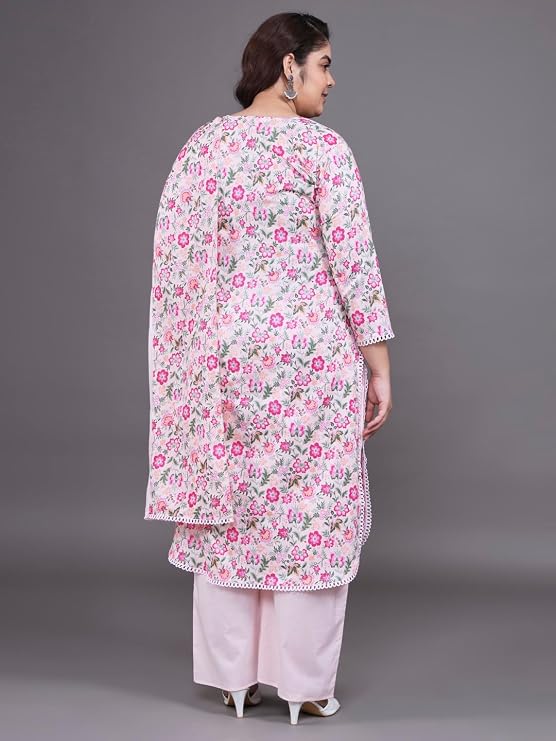 Tissu Women's Plus Size Pink Floral Printed Pure Cotton Kurta & Palazzo With Dupatta