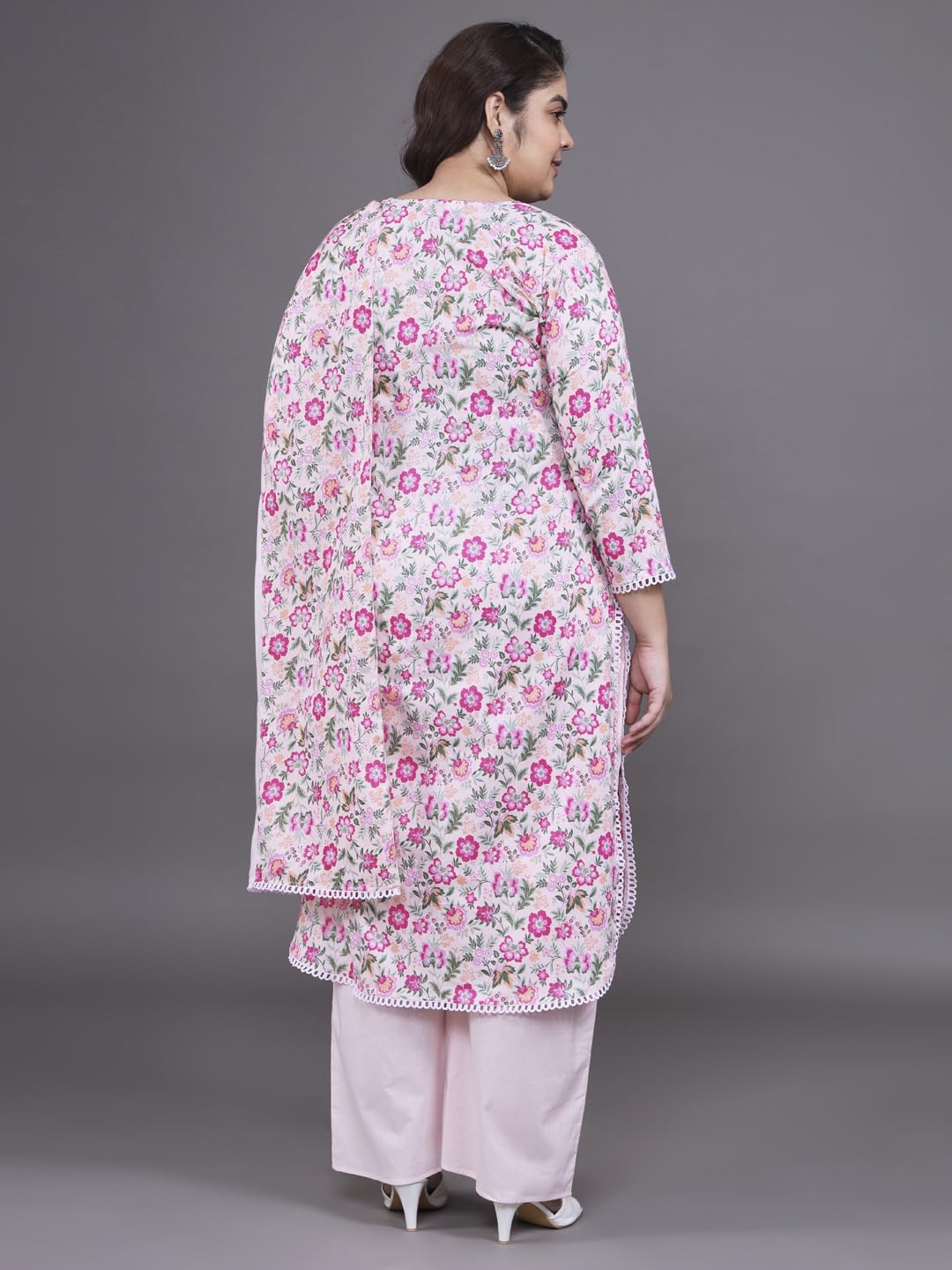 Tissu Women's Plus Size Pink Floral Printed Pure Cotton Kurta & Palazzo With Dupatta (T_684_Pink_5Xl)