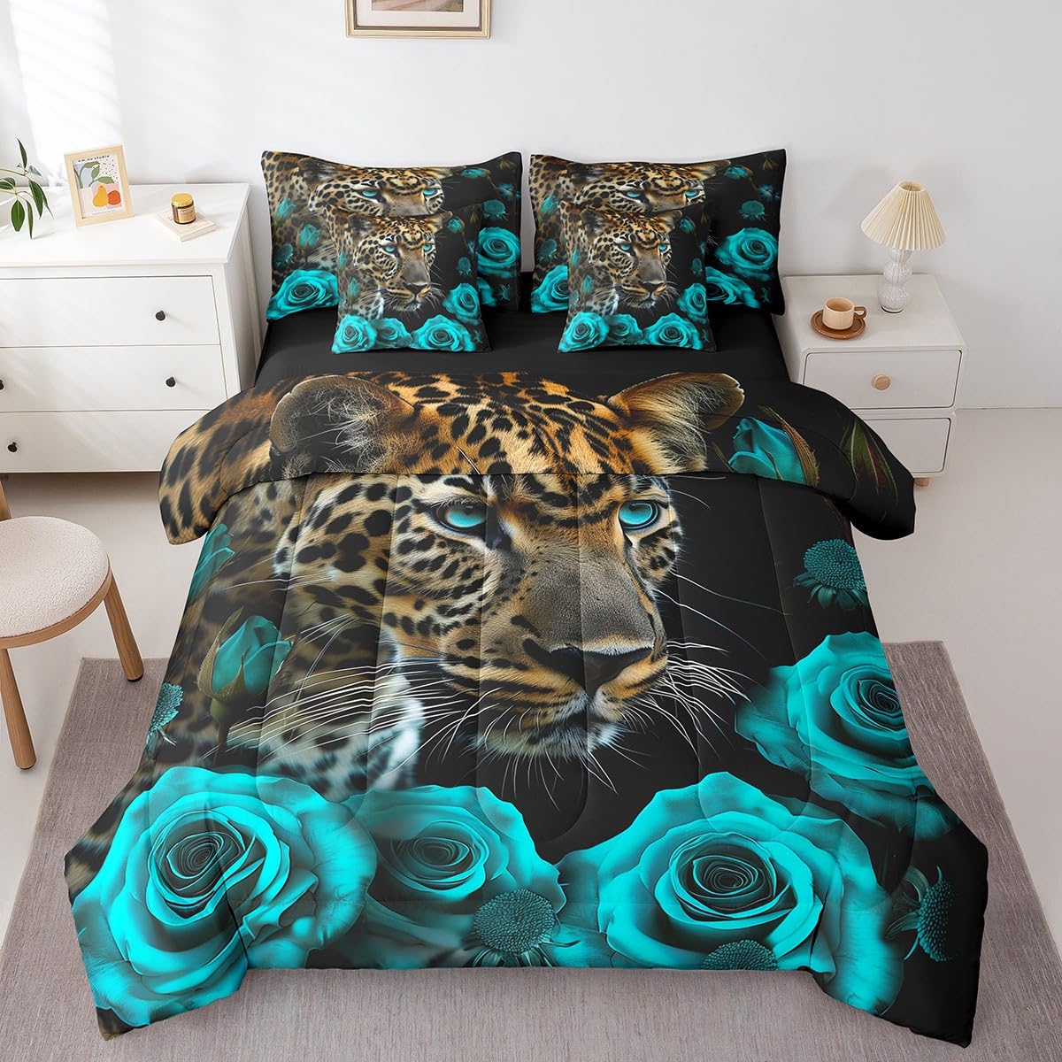 Erosebridal Cheetah Queen Bed in a Bag Turquoise Teal Rose Comforter Set with Sheets 7-Pieces All Season Leopard Print African Animals Big Cat Bedding
