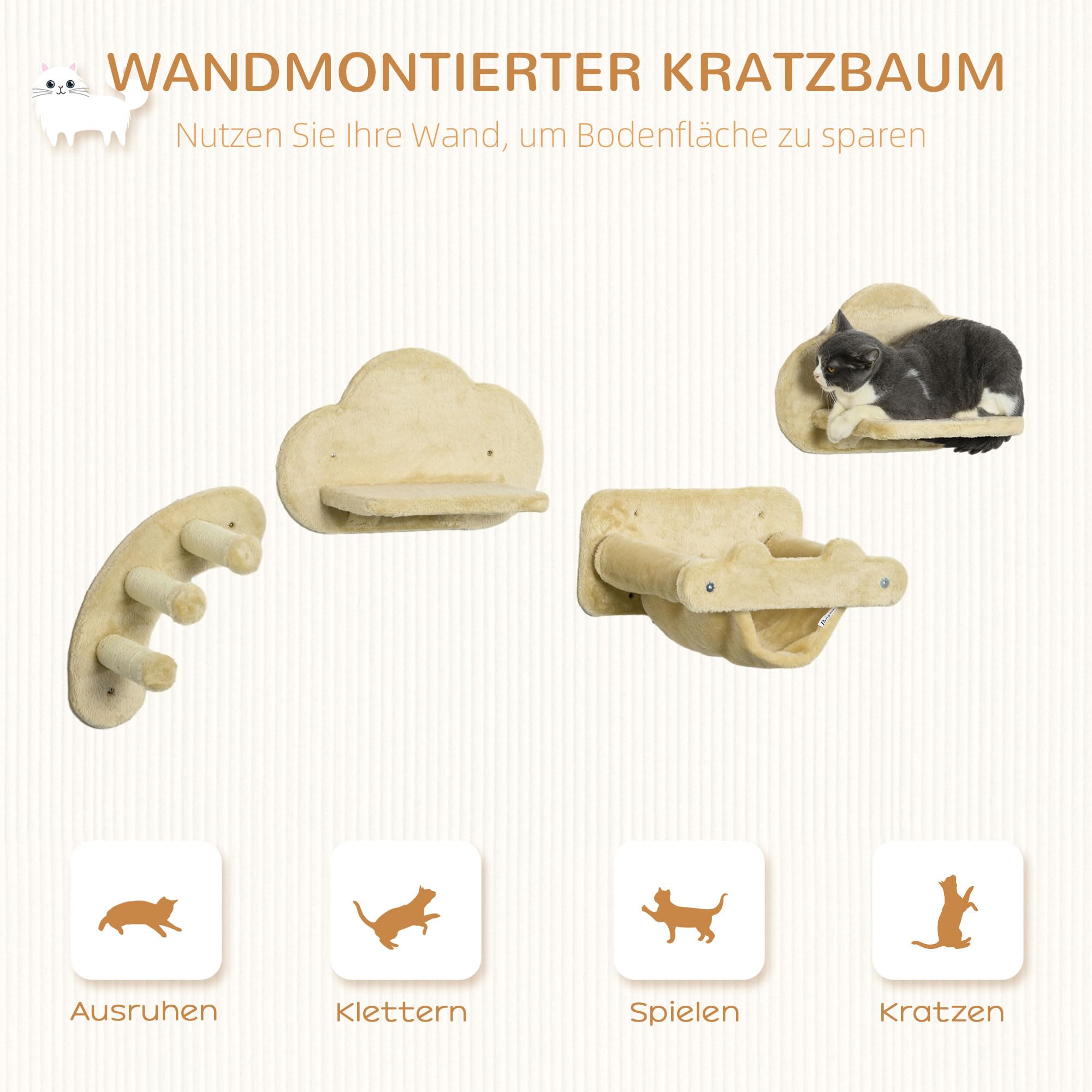 Set Parete Arrampicata Per Gatti PawHut - 4 Pezzi Con Tiragraffi, Amaca E Gradini