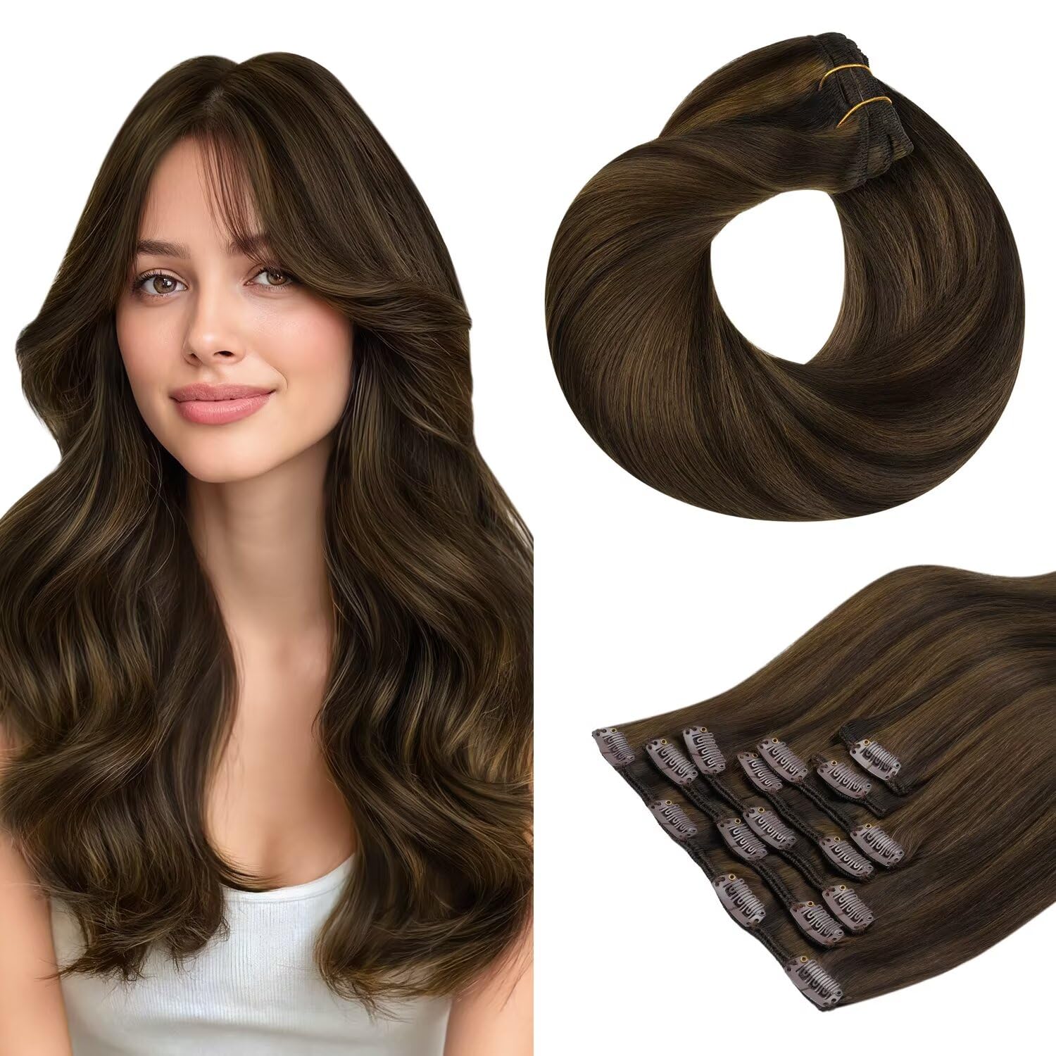 HOTBANANA Human Hair Clip in Extensions, Brown Sugar Swirl Highlights Clip in Extensions Real Human Hair Straight Soft Remy Clip-ins Double Skin Weft 16 Inch 120g 7pcs