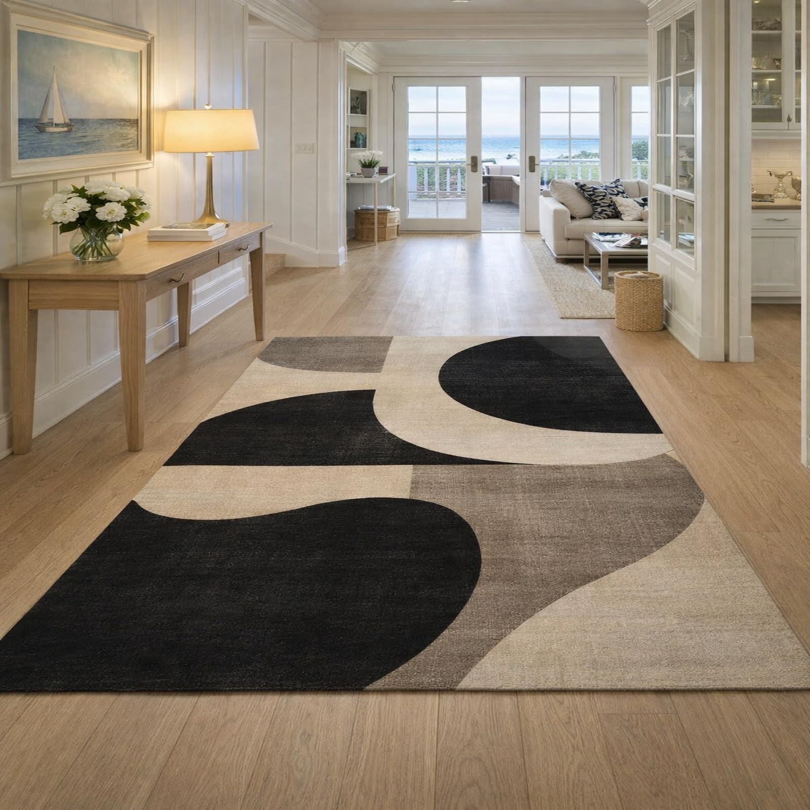 Tapis de salon moderne abstrait noir et beige 200x280 cm pour deco de chambre