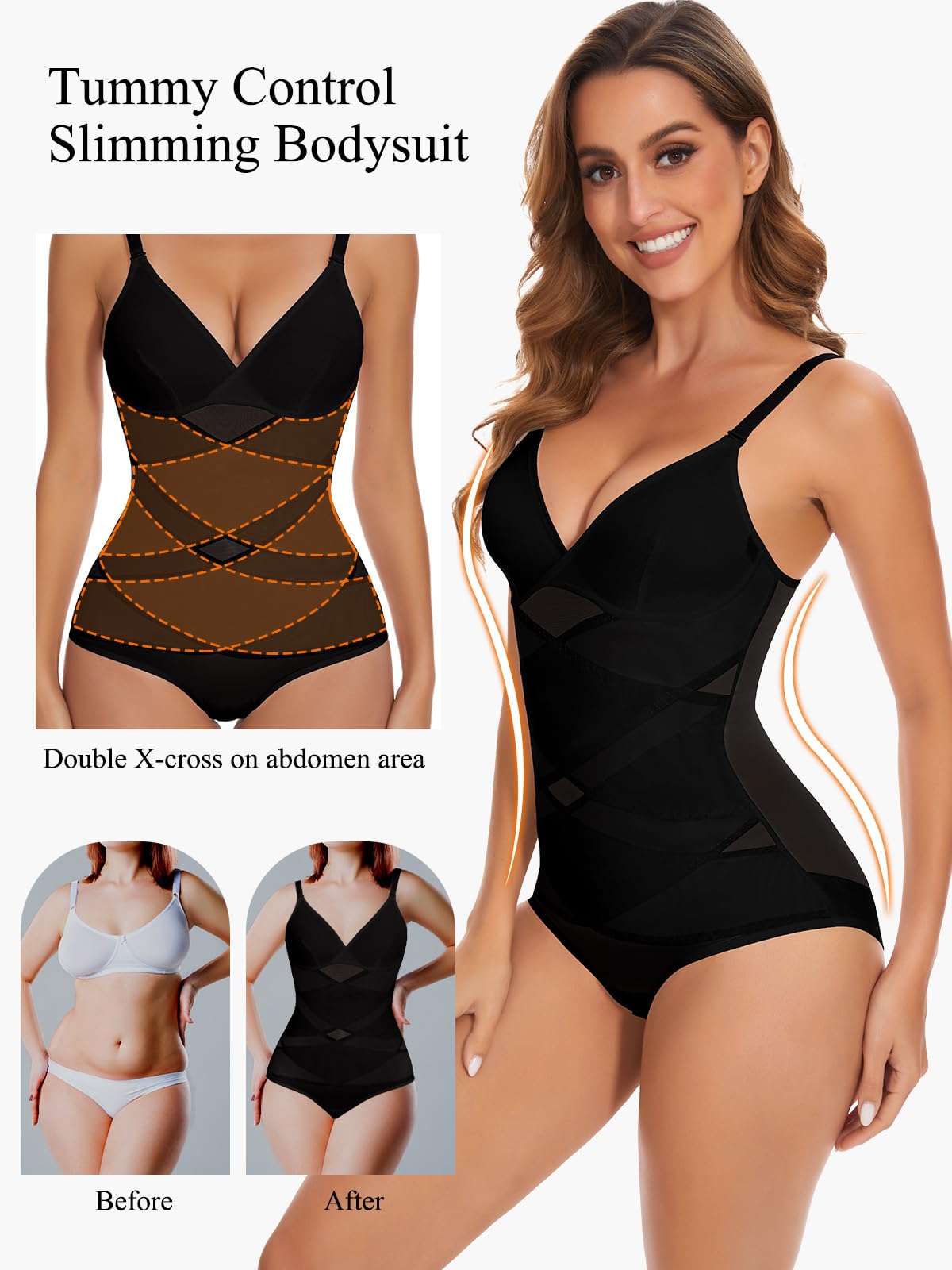 SHAPERIN Damen Bauchweg Body Shaper V-Ausschnitt Formender Body Taillenformer Nahtlose Miederbody Bodysuit Top