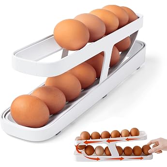 Egg Holder for Refrigerator Egg Dispenser Automatic Rolling Egg Container 2-Tier Egg Dispenser Space Saving Egg Tray for Refrigerator Egg Holder Whtie