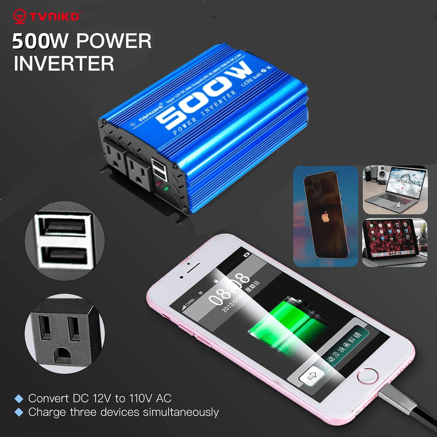 Power Inverter car Inverter Rate 500W / Peak 1000W DC12V to AC 110V RV Inverter with 2 AC Outlets 2USB Ports…