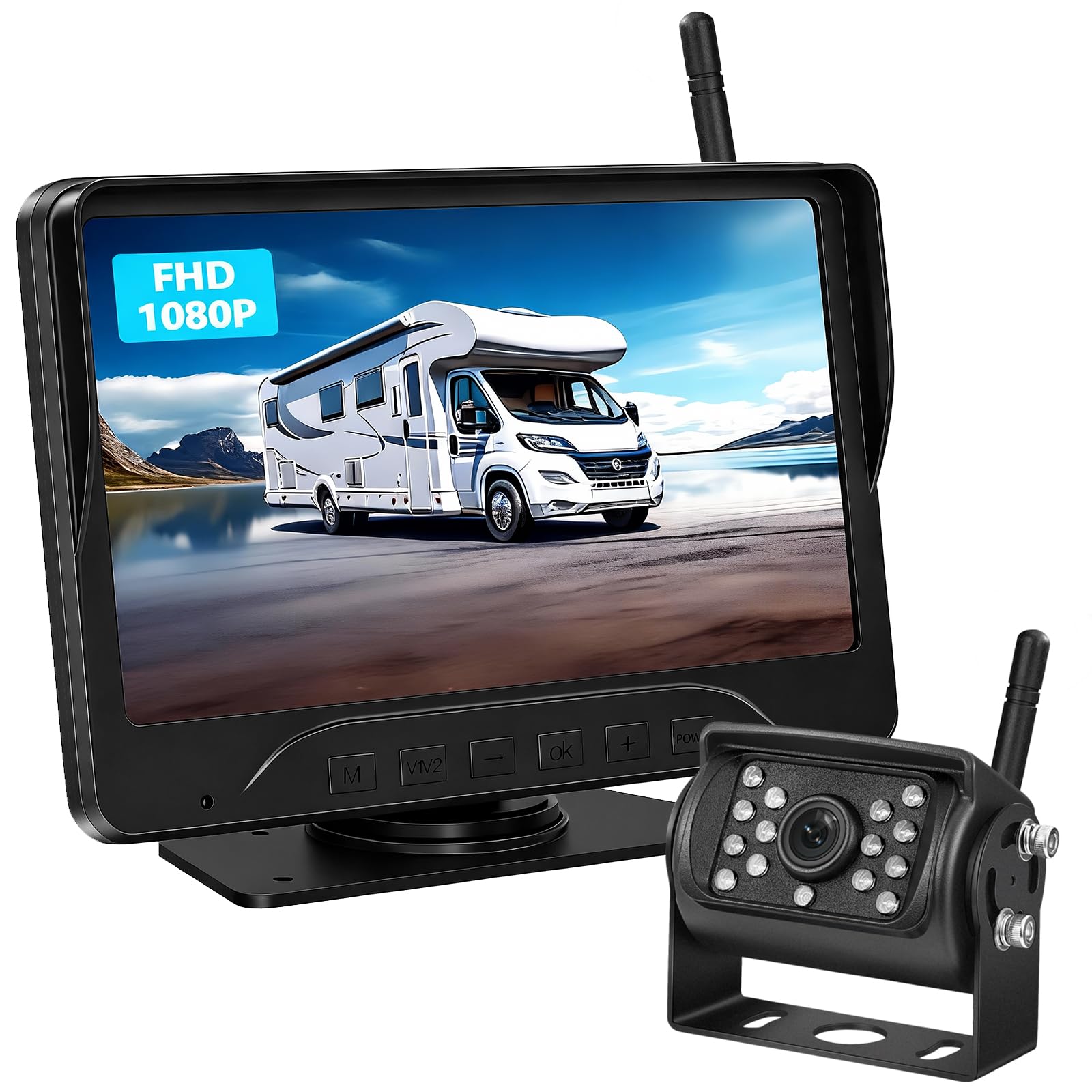 Telecamera Posteriore Senza Fili 7 Pollici 1080P Monitor con Impermeabile IP69, IR Visione Notturna, Grandangolare 170°, Telecamera di Retromarcia per Camper, Camion, Roulotte(VE-7C)