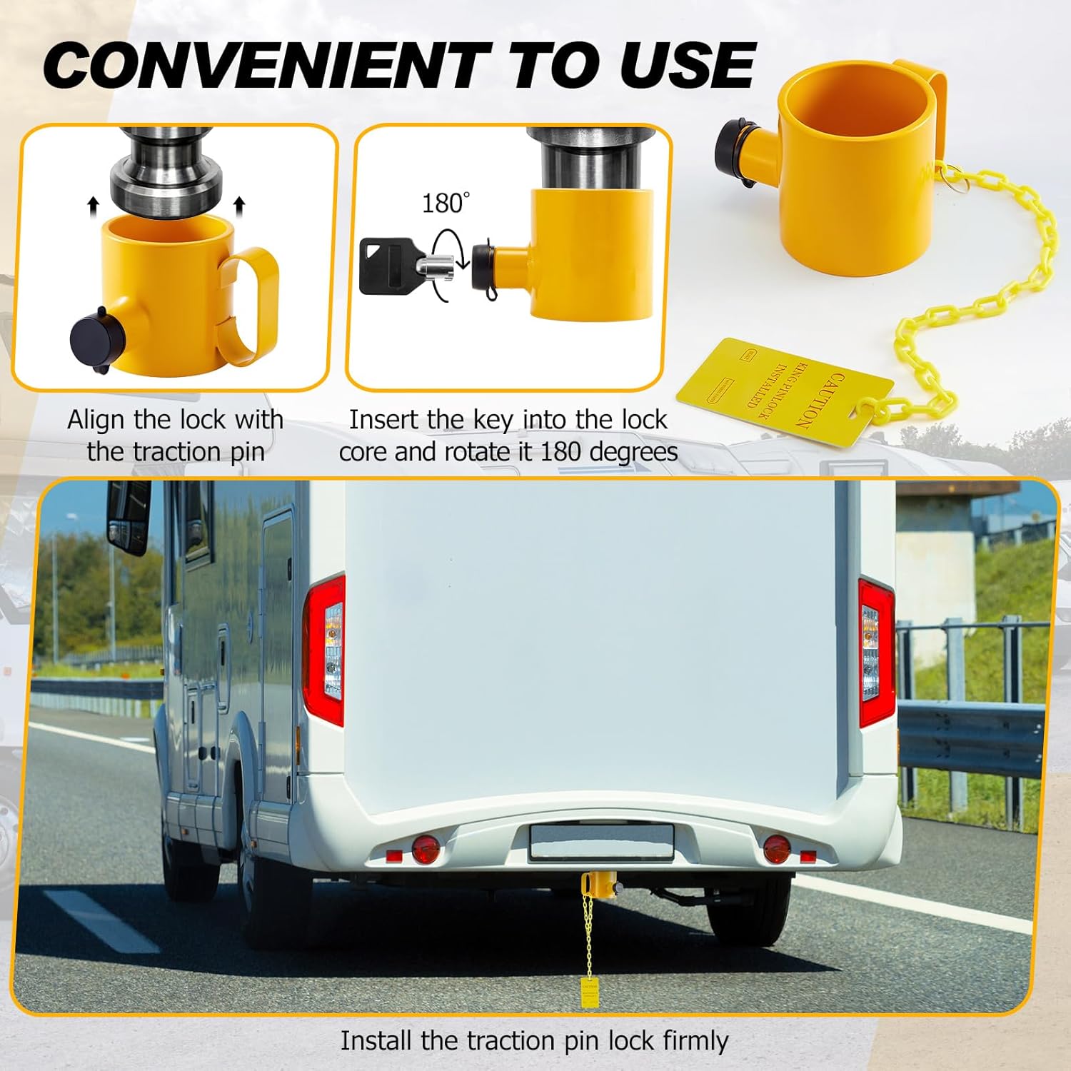 King Pin Lock 5th Wheel Hitch Lock Solid Steel Yellow Anti Theft Protection with Handle Warning Tag and 2 Keys for Trailers, Rv, Semi Trucks