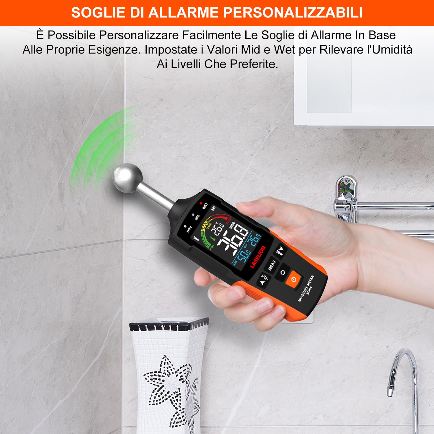 LASELION Misuratore di Umidità Non Distruttivo - Sensore Sfera 5-40mm, Temperatura in Tempo Reale (°C/°F)，Rileva Umidità Nascosta su Legno/Pareti/Cantiere, Allarmi Personalizzabili - MS04