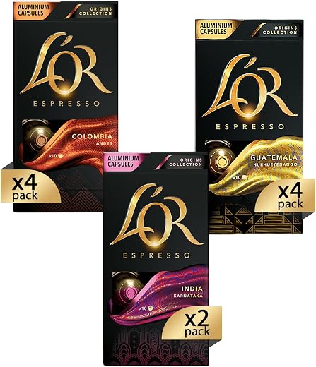 L'Or - Capsule Caffè Espresso Confezione Mista - Variety Pack Origini - Capsule in Alluminio Compatibili Nespresso®* original - 10 Pacchetti [100 Capsule: 40 Colombia, 40 Papua New Guinea, 20 India]
