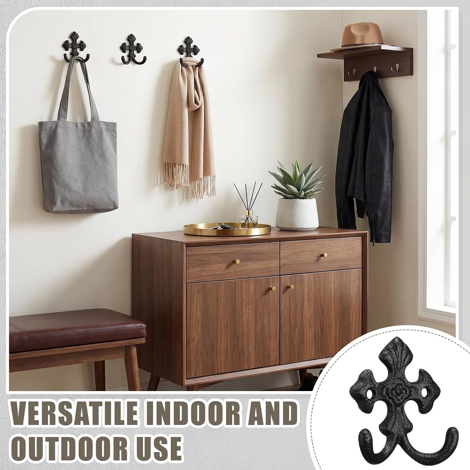 Flutesan 8 Pack Wrought Iron Wall Hooks Cast Iron Heavy Duty Double Hooks Vintage Wall Hangers Decorative Towel Hook with Screw and Anchor for Home Garage Tool Shed Hanging Coat Hat Keys Towel Tools
