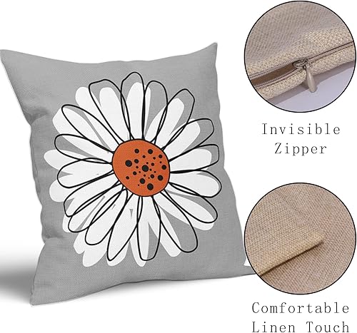 Miniatura 4 de Juego de 2 fundas de almohada de margaritas naranjas y blancas de 18 x 18 pulgadas, para primavera y verano, color gris y gris, fundas decorativas