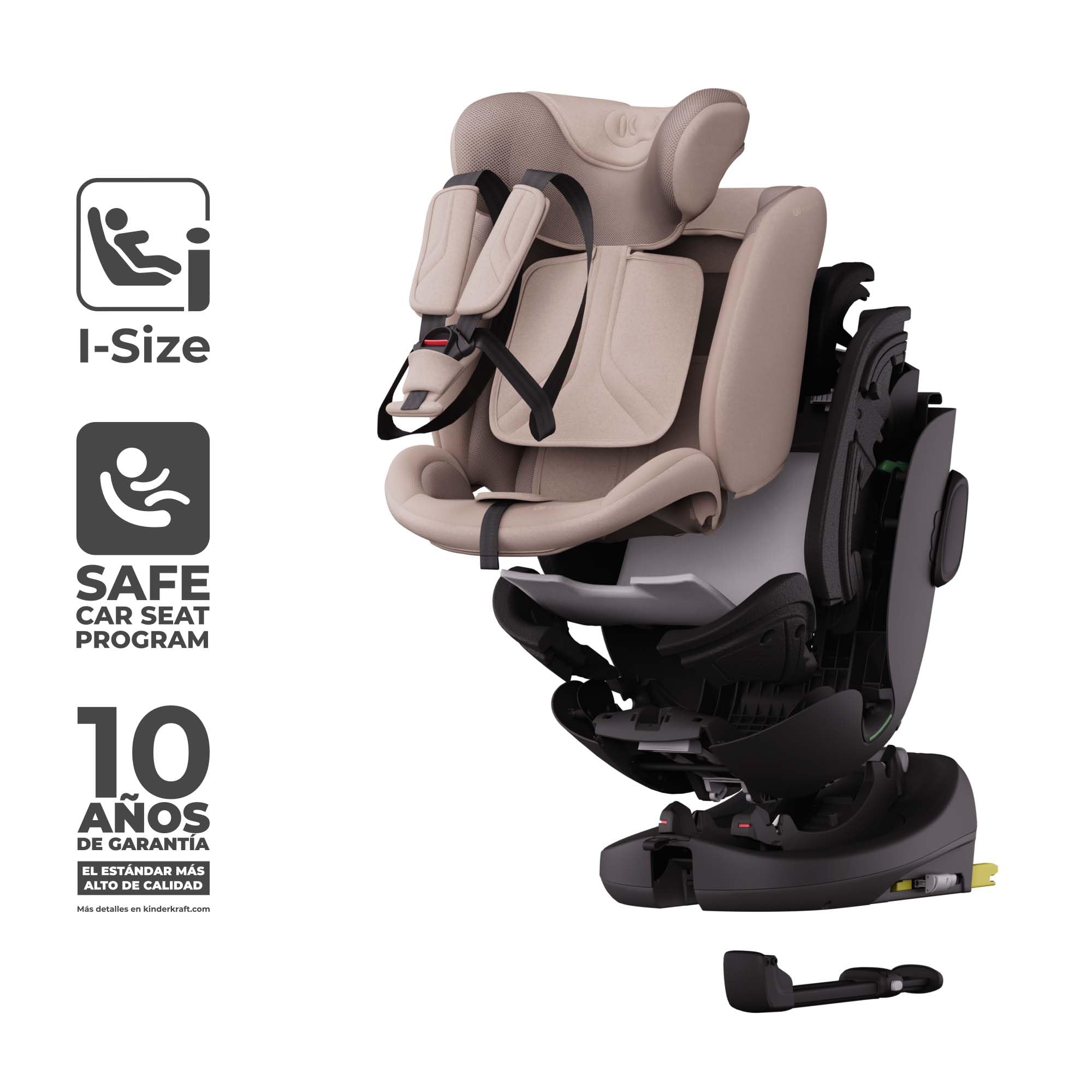 KINDERKRAFT ENDURA SAFE MODULAR SYSTEM, 3en1, Para niños y Bebés, Silla de coche para niños, Base giratoria, Ultraligera(3,2kg), Acolchado premium, Sistema de protección para la cabeza, Beige
