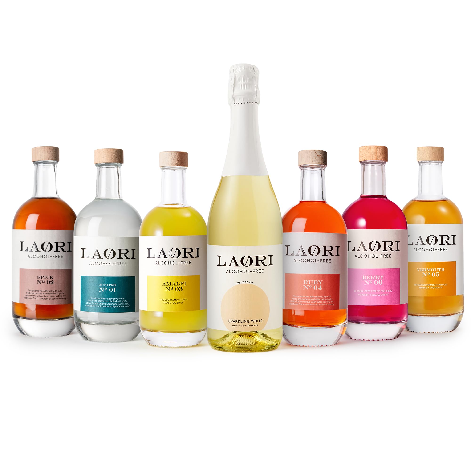 Laori Alkoholfrei Probierset Deluxe [6x 500ml, 1x 750ml] | Großes Probier-Set mit Ruby, Amalfi, Juniper, Spice, Vermouth, Berry & Sparkling White | Premium alkoholfreie Aperitifs & Sekt zum Entdecken