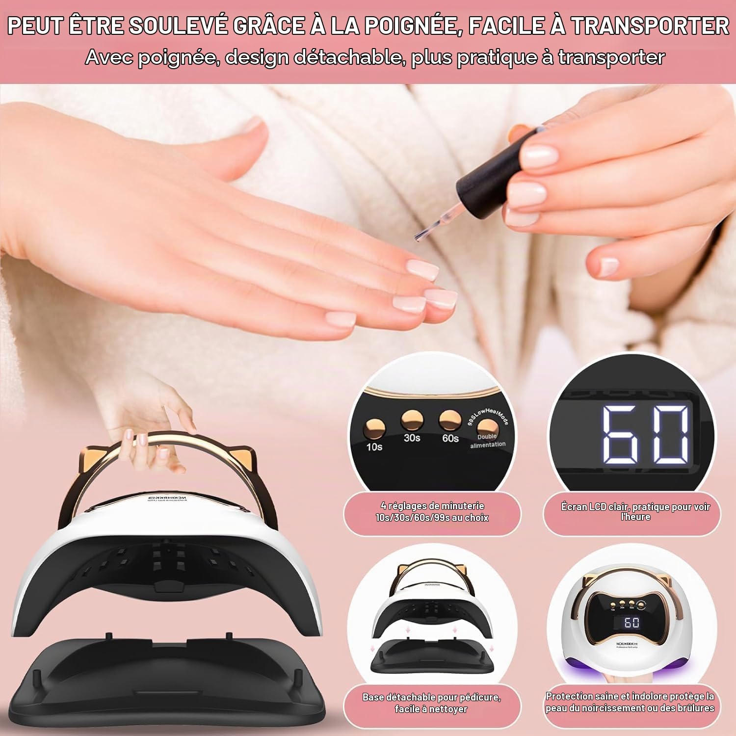 180W Lampe UV Ongles Gel, Poignée en Forme d'oreilles de Chat - Professionnelle Lampe UV Vernis Semi Permanent avec Mini Lampe UV Ongles Gel pour Durcir le Vernis à Ongles en Gel, Blanc