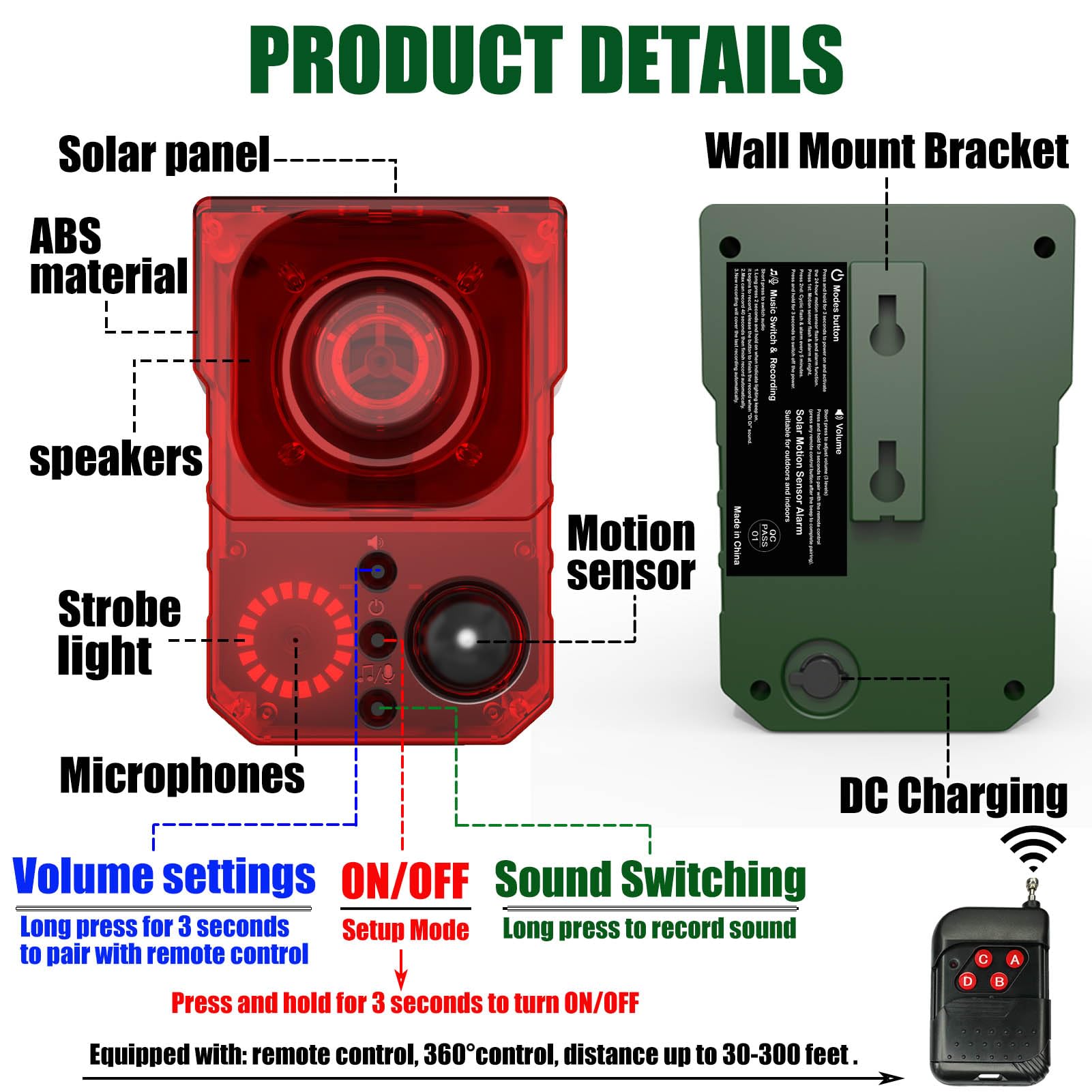 Alarma solar con sensor de movimiento para exteriores – sonidos de ladridos de perros, disparos y sirena para exteriores e interiores. Fabricante de ruido fuerte de 130 db. Luz