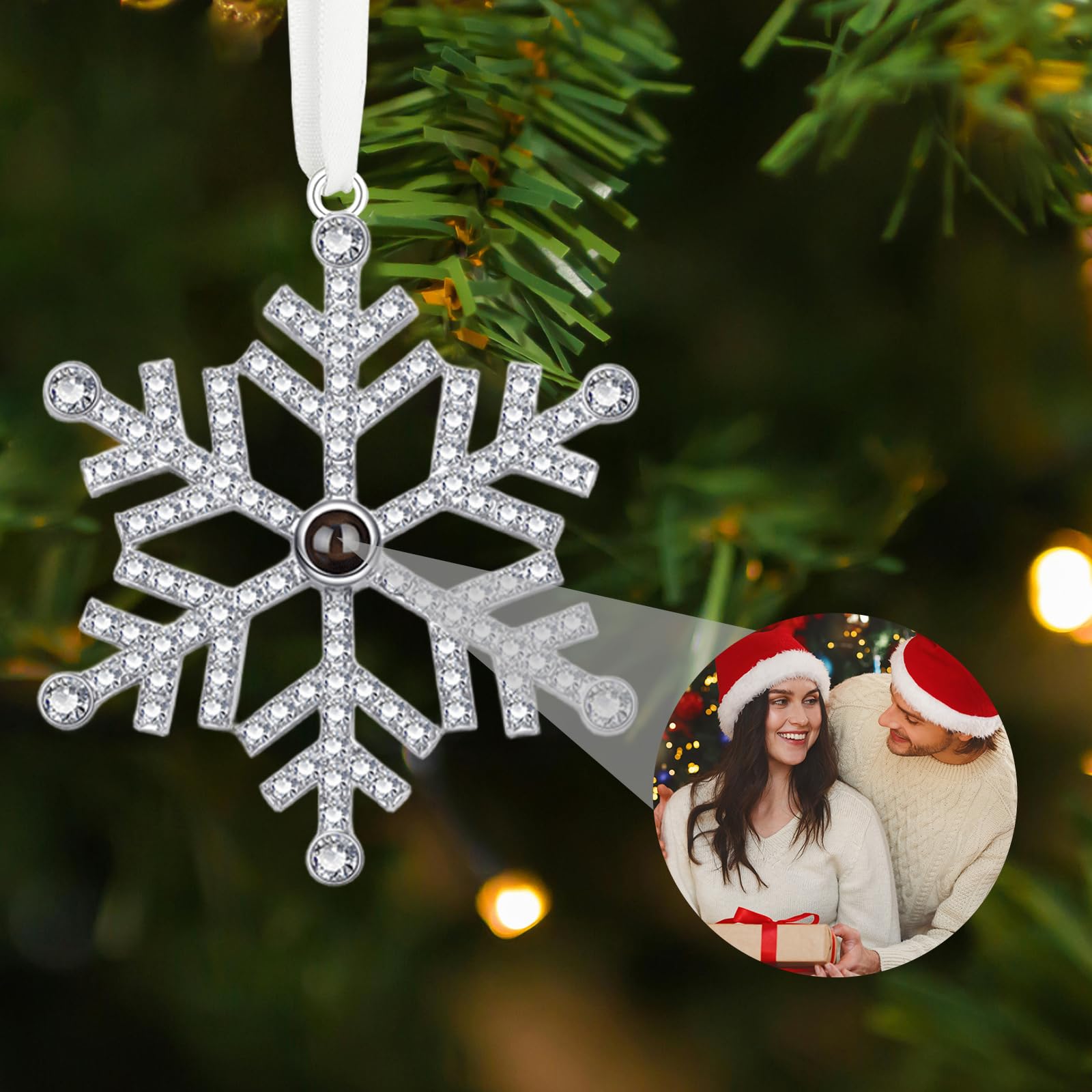 Adornos Colgantes de árbol de Navidad con Foto Personalizada, Personalizada Colgante de proyección de Copo de Nieve de árbol de Navidad con Foto, decoración para Navidad Familiar - Plata