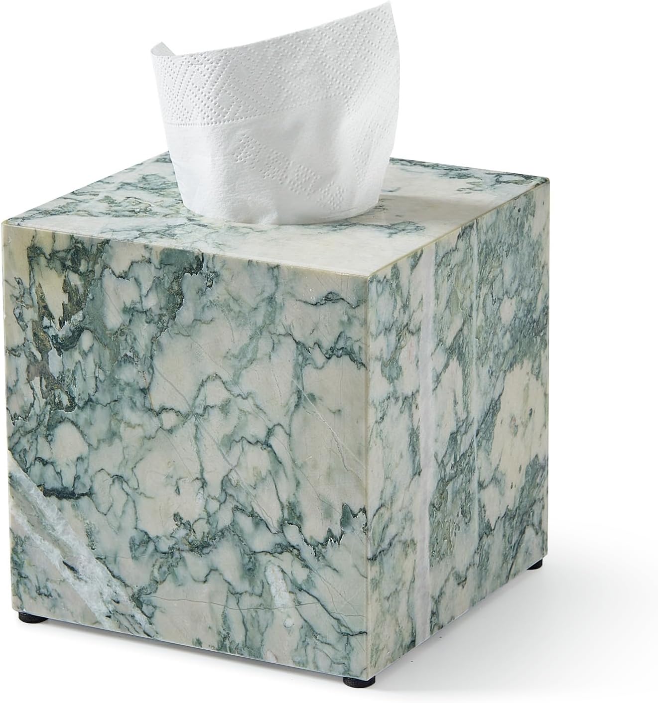 Real Natural Marble Tissue Box Cover, 5.5 Inch Square Marble Tissue Box Holder with Open Bottom, Heavy Stone Decorative Organizer for Bathroom Vanity, Kitchen Countertop, Luxury Home Décor