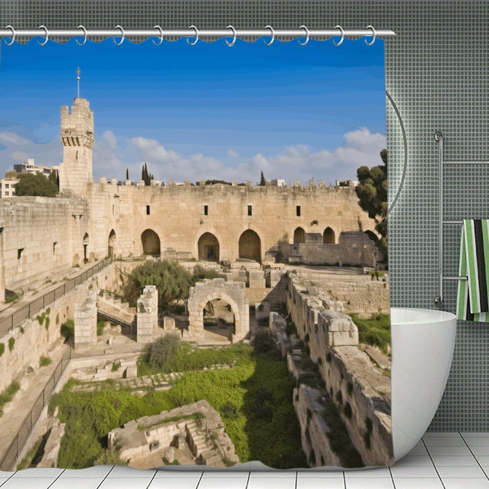 VstaDank Israel at The Tower of David Shower Curtain Waterproof Bathroom Curtain with Hooks Luxury Weighted Bath Curtains for Bathtubs Showers Room Dividers Decorative Shower Curtains 71x71 in
