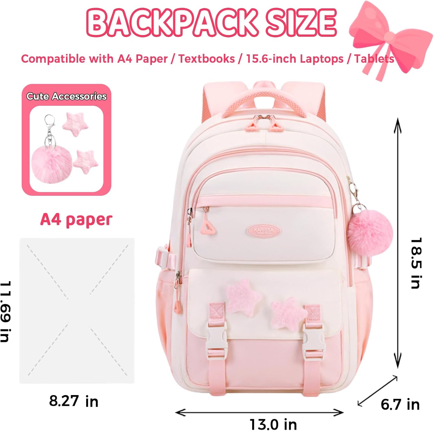 (Similar Too) Cute Backpack for Girls, Kawaii Large Capacity Bookbags for Teens Kids Preppy Aesthetic Book Bag for Elementary Middle High School with Star Pins and Furry Pendant 4+ Years Old (Blue)