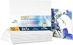 PHOENIX Watercolor Canvas Boards for Painting - 5x7 Inch/12 Pack, 100% Cotton Water Color Small Canvas Panels, 8 Oz. / 260g White Blank Medium Texture Flat Canvases for Water Based Paints