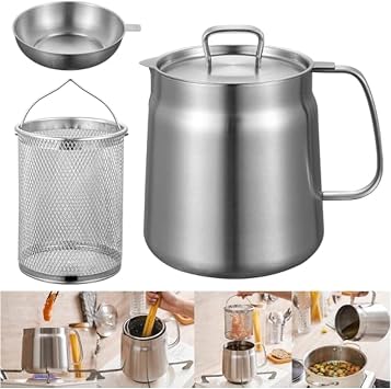 Oil Strainer Pot, 304 Stainless Steel Oil Filter Vessel, Multi-Functional Deep Fryer Pot with Basket, Strainer Tray, Dust-Proof Lid,2L