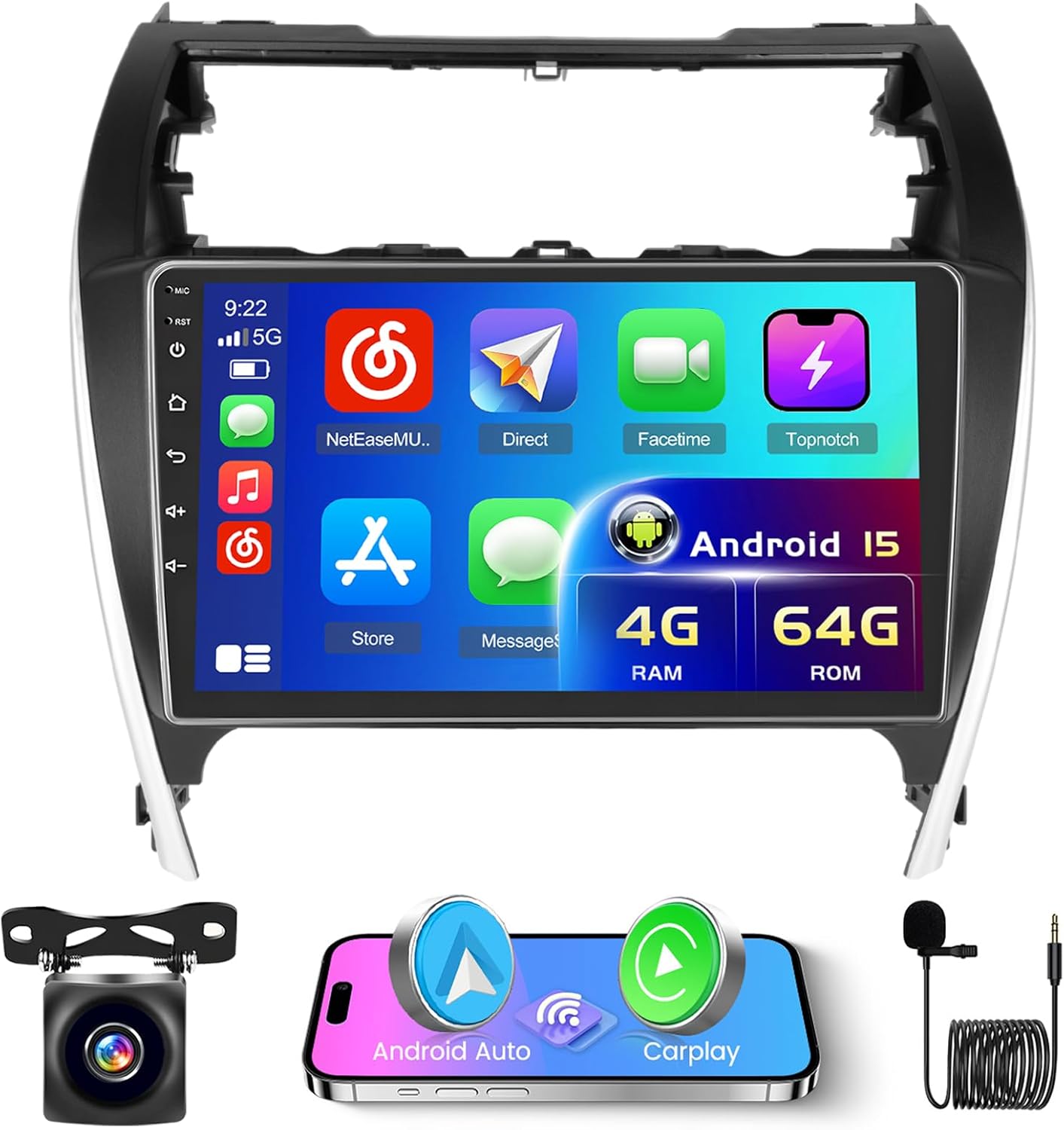 2+64G Radio for Toyota Camry 2012 2013 2014 Android 15 CarPlay Stereo Touchscreen 9" Android Auto Bluetooth GPS DSP 26UI Backup Camera