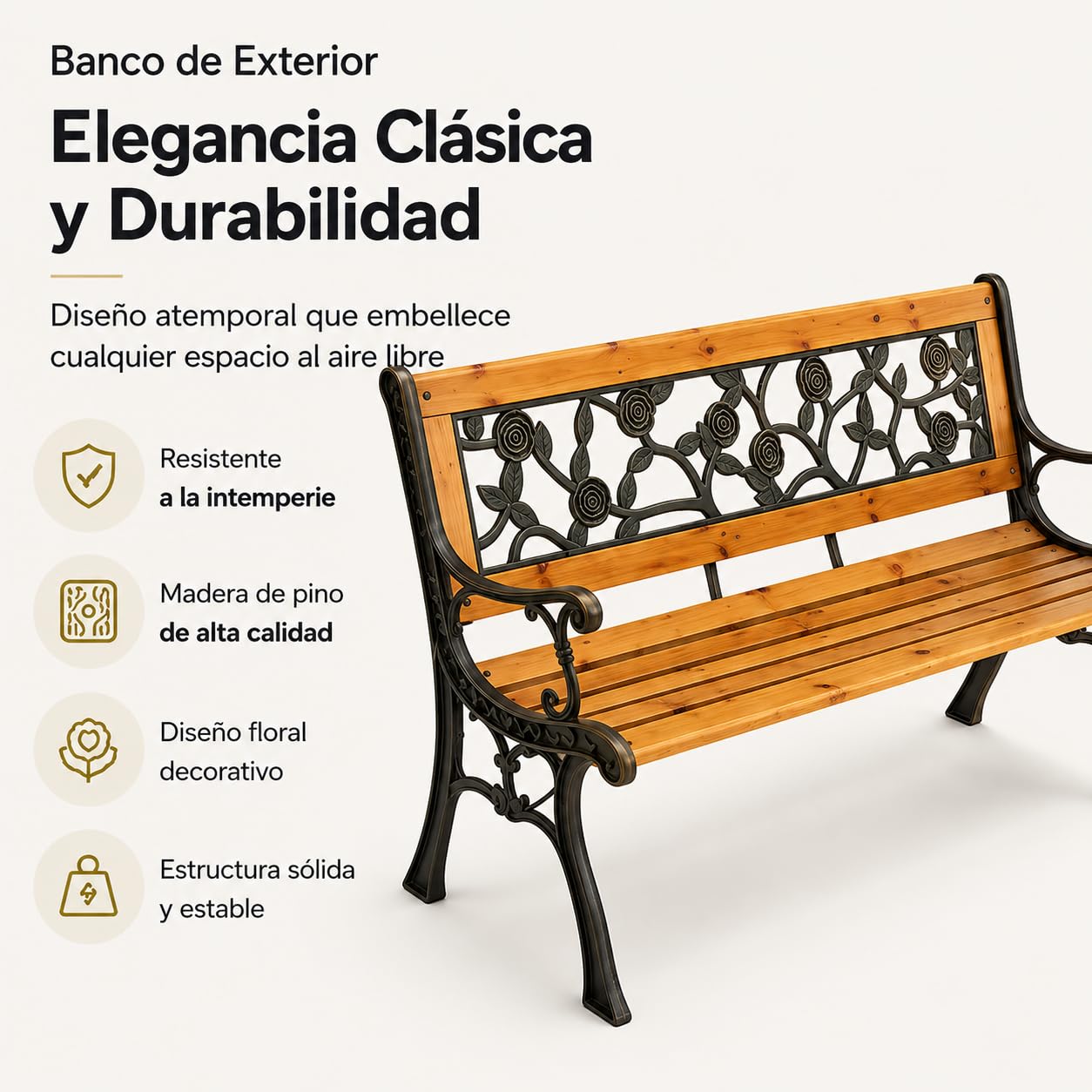 Banco de Jardín Exterior Madera Metal 2 Plazas Respaldo Floral Vintage Estructura Resistente