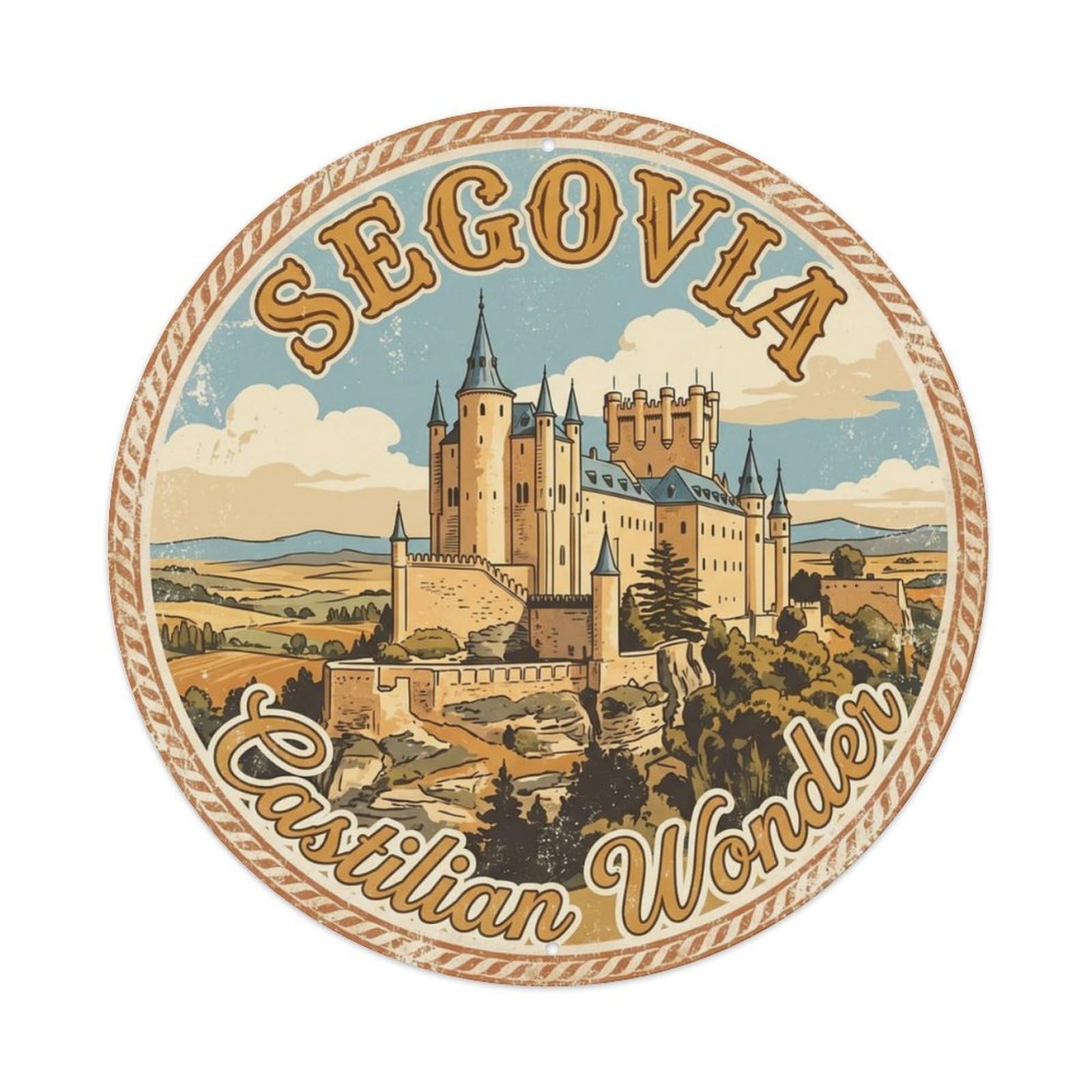 Vintage Travel Segovia Alcazar Spanish Metal Tin Sign Plaque Wall Decor for Cafe, Club, Garden Round Metal Poster 8x8Inch