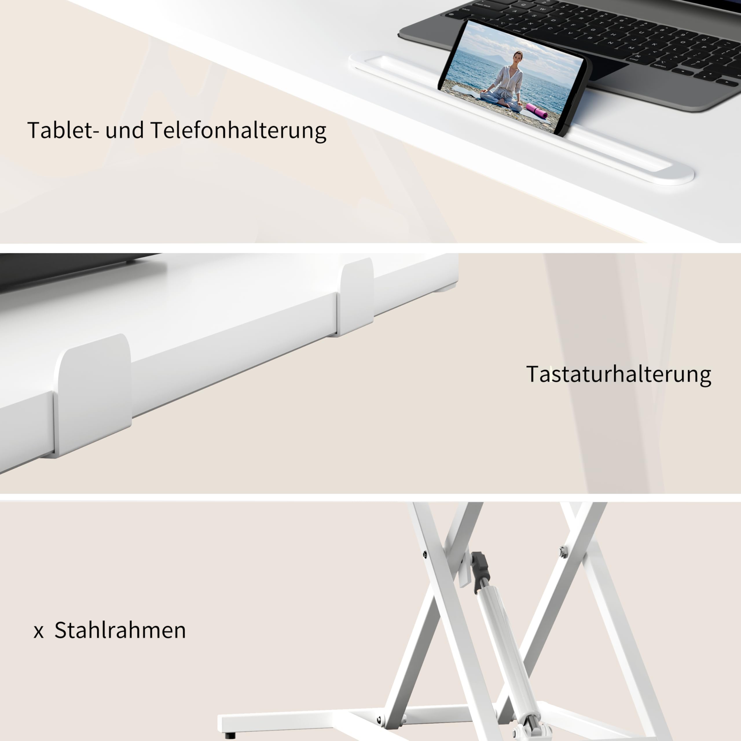 ERGOMAKER Steh-Sitz Schreibtischaufsatz Höhenverstellbar, Stehpult Aufsatz Schreibtisch 101 X 40CM Desktop Erhöhung mit Zwei Monitoren Tastaturablage Weiß
