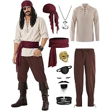 Vanderdyken 9 Pcs Pirate Costume Men Medieval Costume Renaissance Viking Outfit with Shirt Pant Accessories Set for Halloween