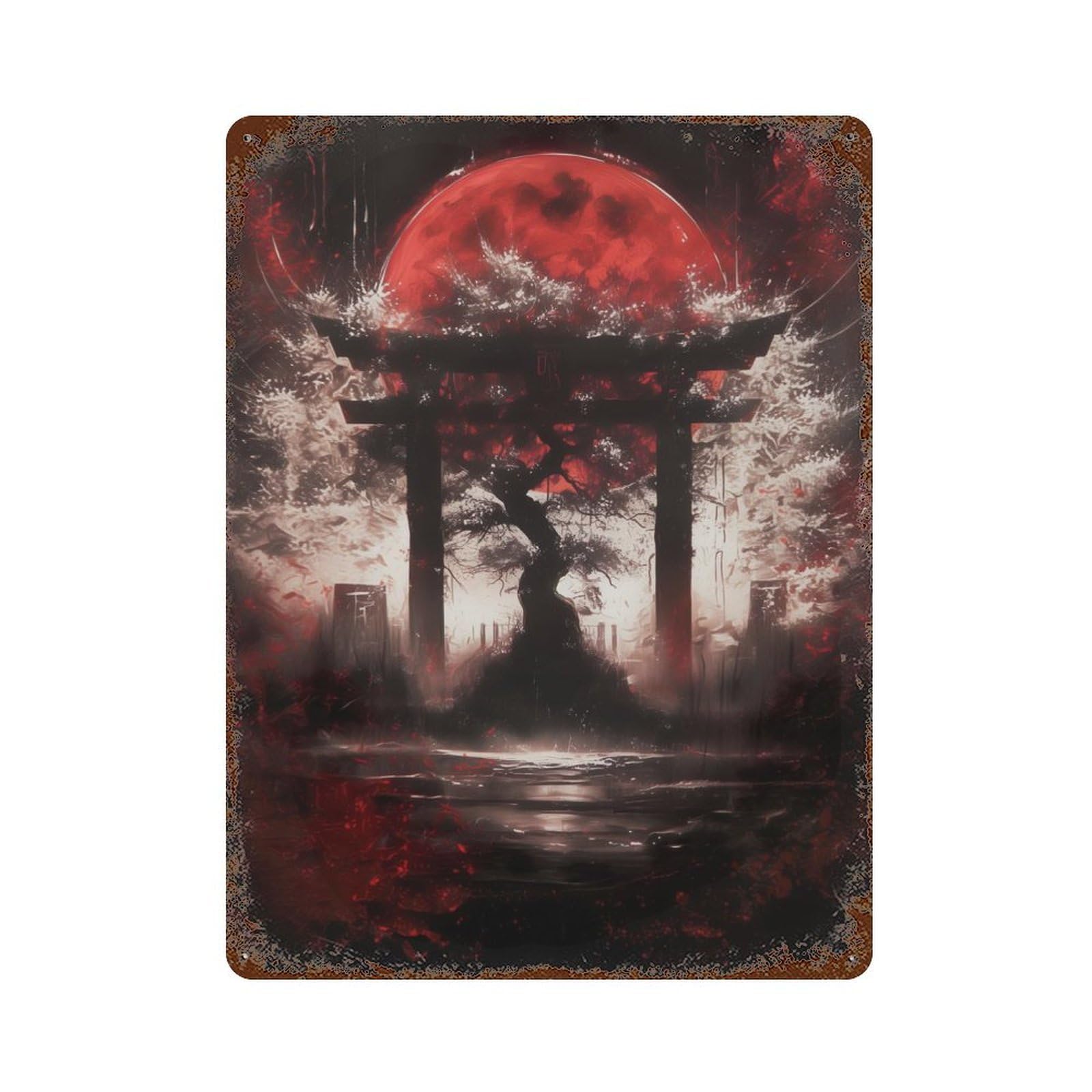 Rust Effect Tree of Life Torii Gate Weathered Tin Sign 15.7"x11.8", Classic Wall Plaque for Living Room, Hallway And Home Decor