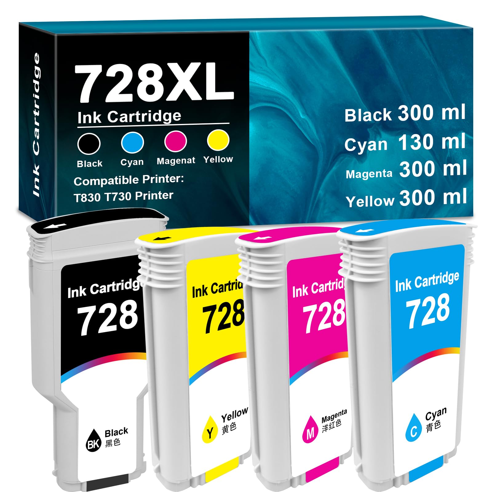 728 728XL Ink Cartridges High Yield 300ML (4-Pack) Replacement for | Black Cyan Magenta Yellow（F9J68A F9J67A F9J66A F9J65A）Replacement for DesignJet T730 &amp; T830 MFP Large Format Plotter Printers