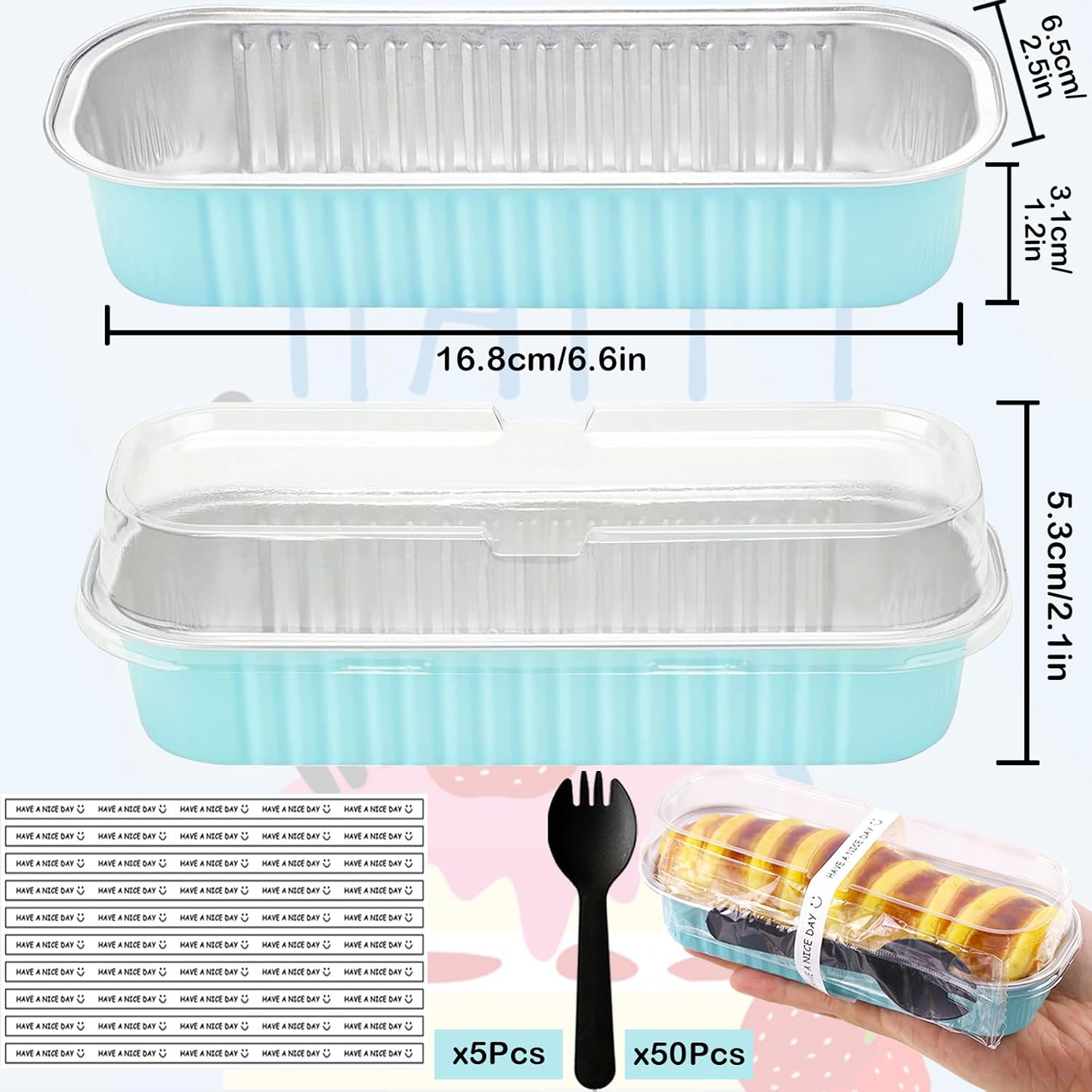 50 pack mini loaf pans with lids and spoons, 6.8 oz mini cake pans with lids for baking, disposable rectangle aluminum foil loaf pan with stickers?small cake containers tin?blue? 6.8oz-gold 6.8oz