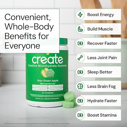 Miniatura 3 de Create - Gomitas de creatina monohidratada - Mejoran concentración, fuerza y resistencia, no se derriten, veganas, sin gluten y sin OMG, 1.5 g de
