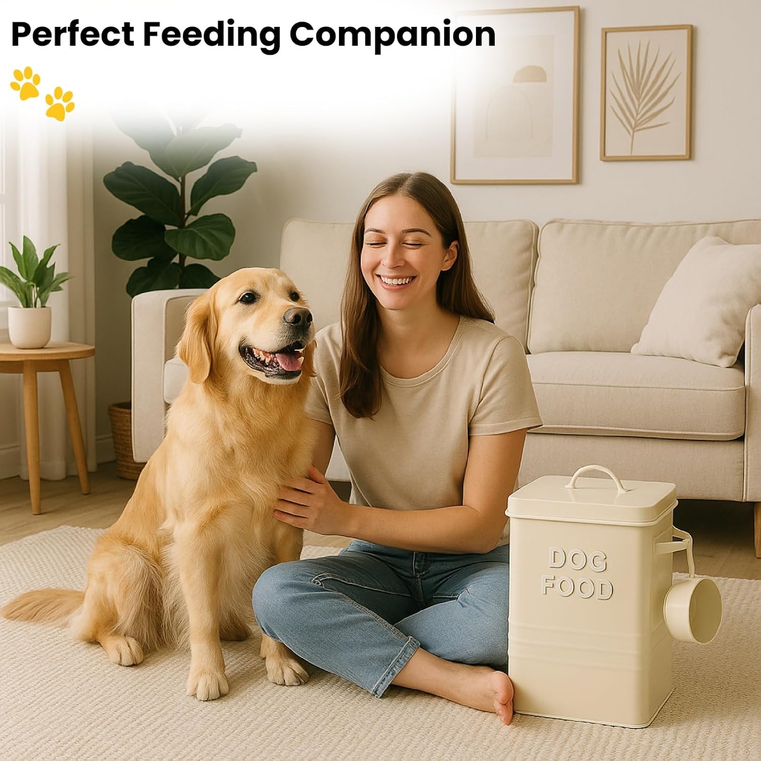 HOMION Metal dog food tin pets food storage box container canister lid with scoop (Cream)