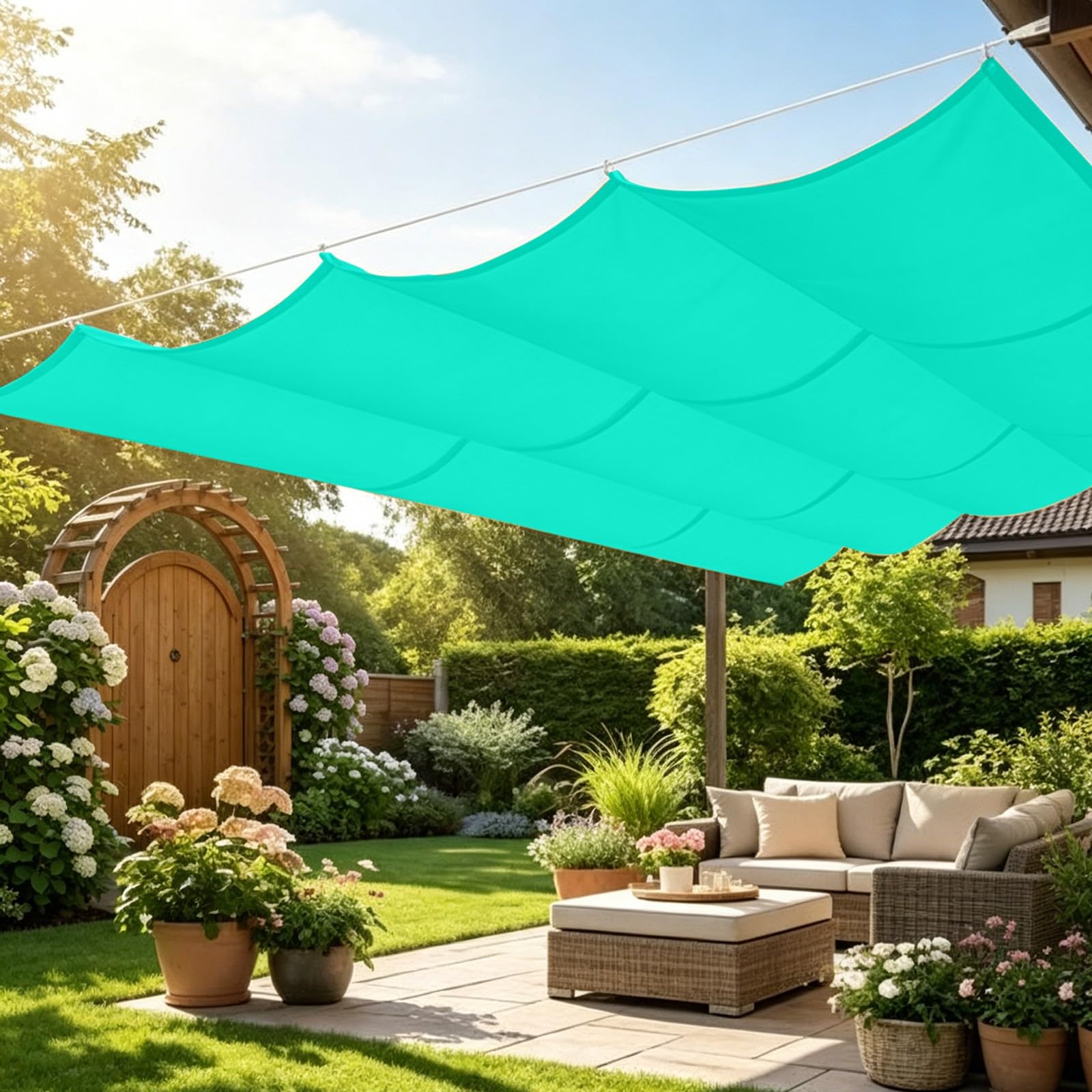Voiles d'ombrage bleu ciel en vague pour transformer votre terrasse et grand patio