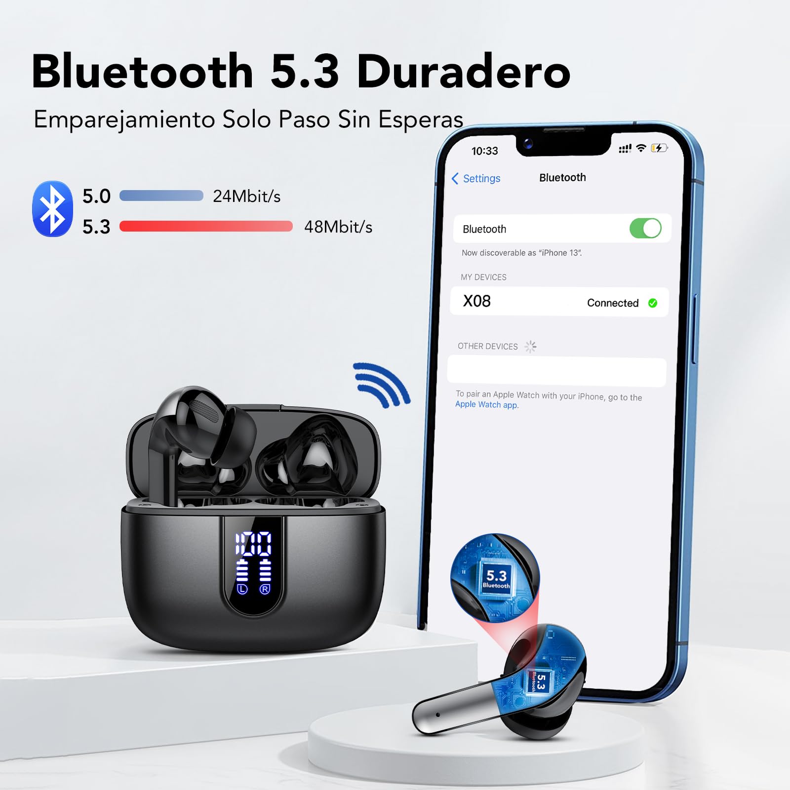 Auriculares Inalámbricos Bluetooth, Auriculares Bluetooth 5.3, 4 Mic con Reducción de Ruido ENC, 50H con Graves, Cascos Inalambricos Bluetooth IP7 Impermeable, Carga Rápida USB-C, Ajuste Cómodo — view 5
