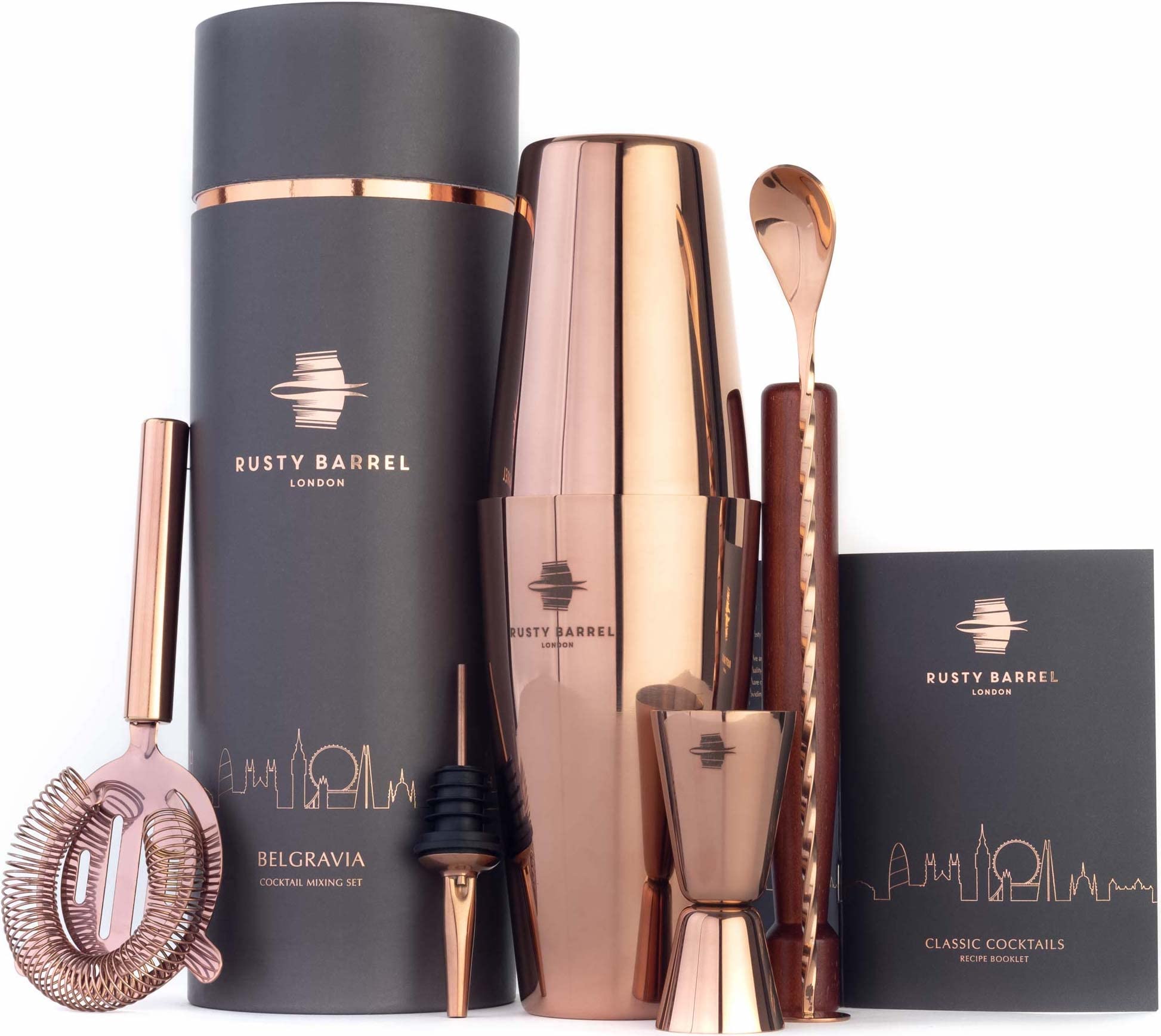 Kit Cocktail Belgravia avec Shaker Cocktail Couleur Cuivre en INOX de Style Boston | Cocktail Shaker Kit, Kit Barman, Cocktail Kit Complet | dans Une Boîte Cadeau Luxueuse