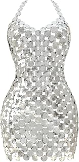Sequin Body Chain Dress, Sexy Halter Backless Beach Bikini Dress, Summer Hollow V-Neck Pu Body Jewelry for Women, Night Club Festivals Party Rave Outfits