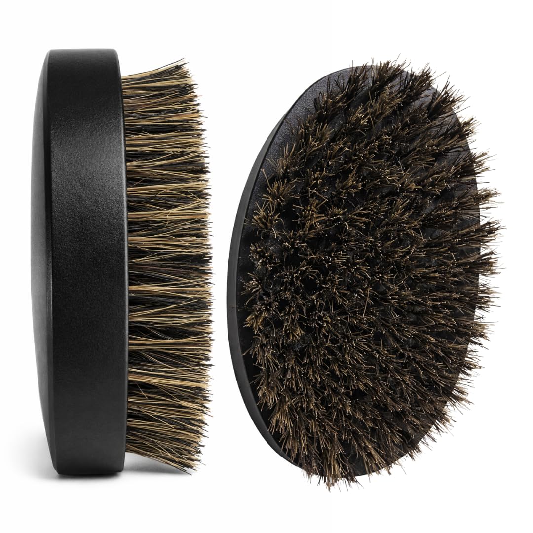 Beard Brush for Men, Natural Boar Bristles, Black Oval Wave Brush, Warp Resistant Wood Handle, for Fuller Thicker Hair, Beard & Mustache Growth, Exfoliation (Black 2)