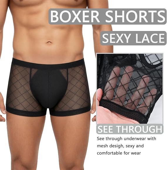 SUMABA Men's Sexy Mesh Underwear Briefs See Through Sheer Boxer Briefs with Pouch