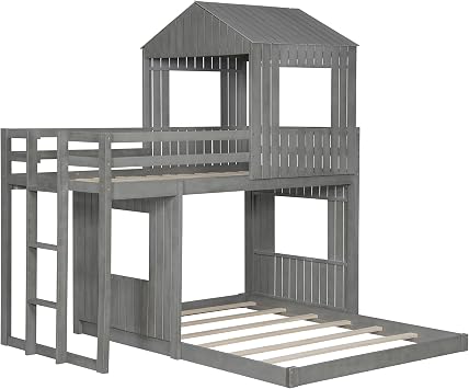 Playhouse Bunk Bed Twin Over Full Size, Wooden Bunk Bed with Roof, Windows, Ladder and Guardrails, House Bunk Bed Frame for Kids Teens Girls Boys, No Box Spring Needed (Antique Gray)