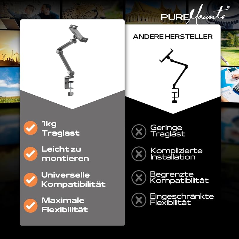 PureMounts Tablet Asztali Tartó 4.7-12.9" 360° Forgatható Silikonpárnás Fekete - Tablet desk mount
