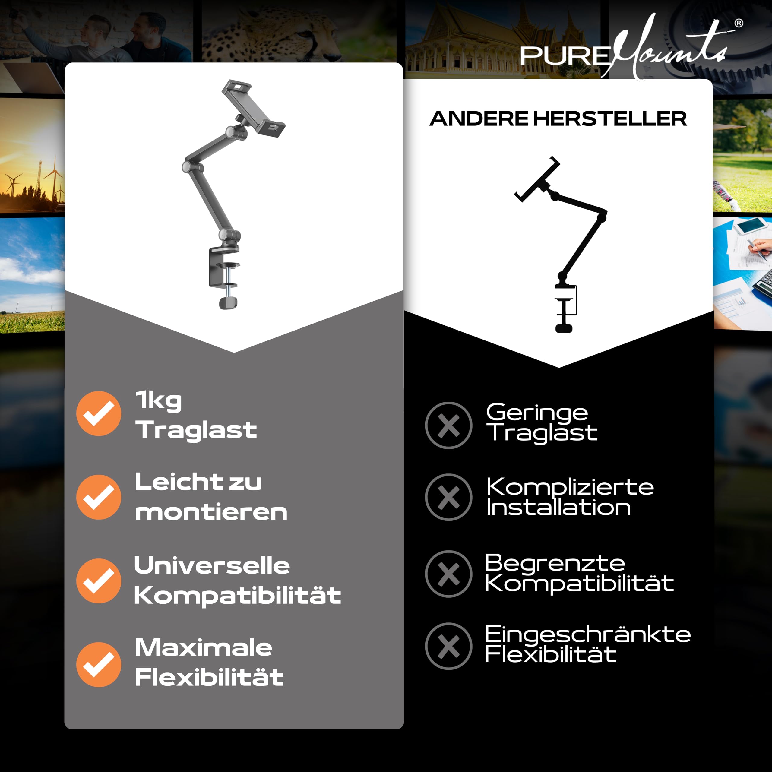 PureMounts® Uchwyt na tablet, tablet 4,7" do 12,9", obracany o 360°, nośność do 1 kg, silikonowa podkładka, czarny