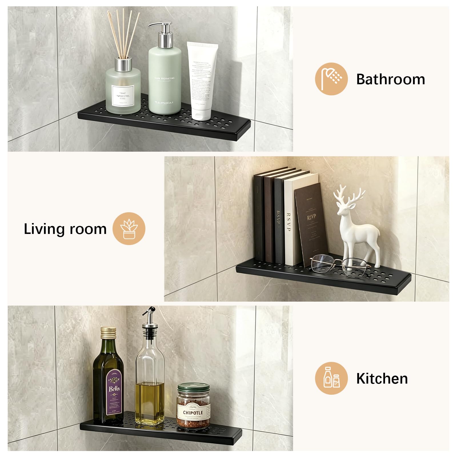 EXLECO 2pcs Étagère d'angle pour Douche en Acier Inoxydable 304, Etagere Murale Encastrable, Tablette Salle de Bain sans Percage pour Shampoing Gel, 7kg par Serviteurs, 305 x 155mm Noir, Mat