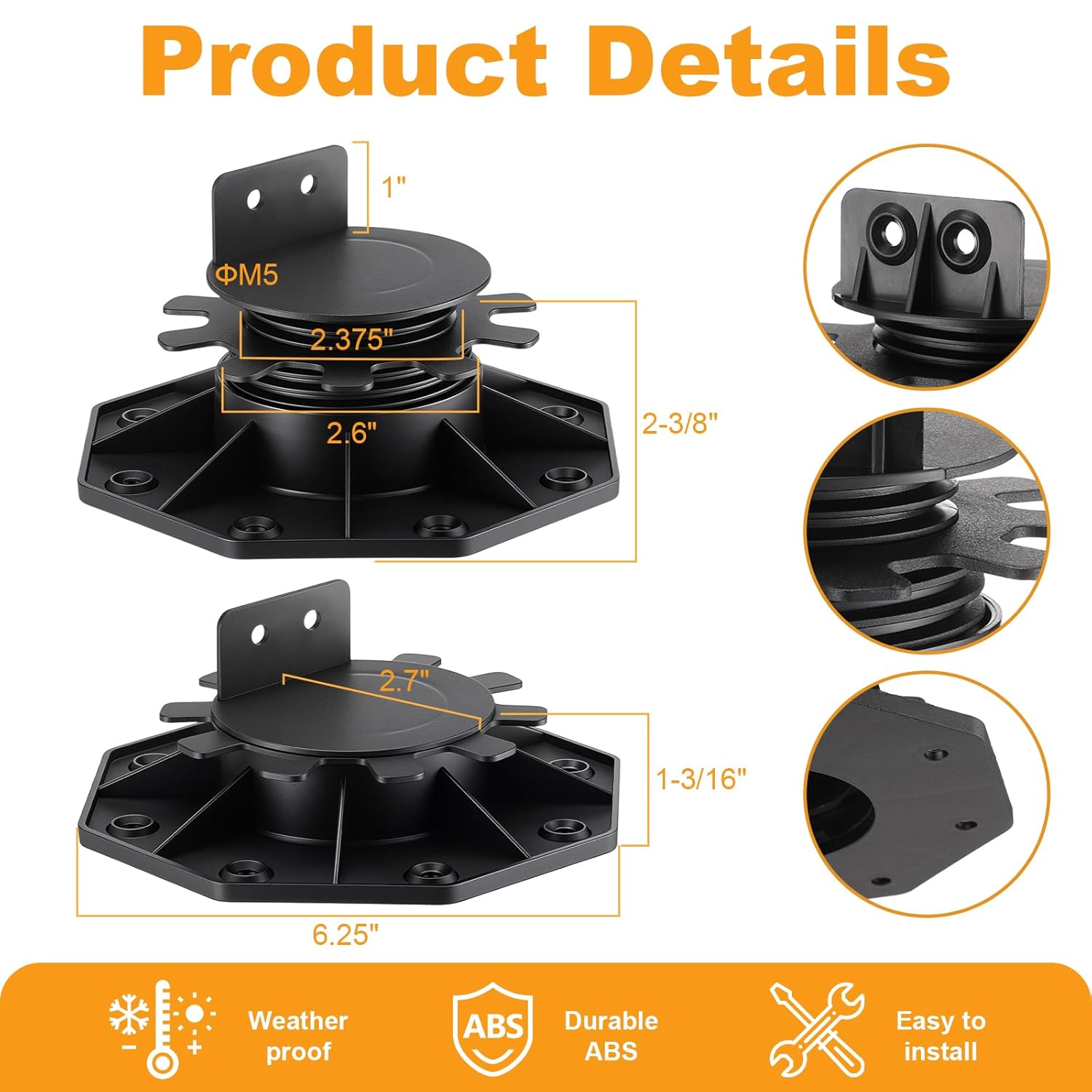 Timtin 24 Pack Adjustable Deck Support Pedestals, 1-3/16" to 2-3/8" Height Range, Outdoor Deck Foundation Bases with Joist Tape and Screws for Patio Floor Garden Leveling