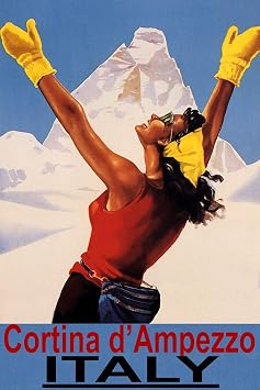 WONDERFULITEMS Cortina dAmpezzo Italy Sunny Snow Mountain Ski Happy Woman Skiing Winter Sport 12" x 16" image size vintage poster repro canvas rolled up. We have other sizes