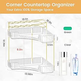 NATURE\'S SOURCE Makeup Organizer for Vanity, 2-Tier Corner Bathroom Organizer Countertop with Makeup Brush Holder, Corner Counter Storage for Bathroom Dresser-Clear