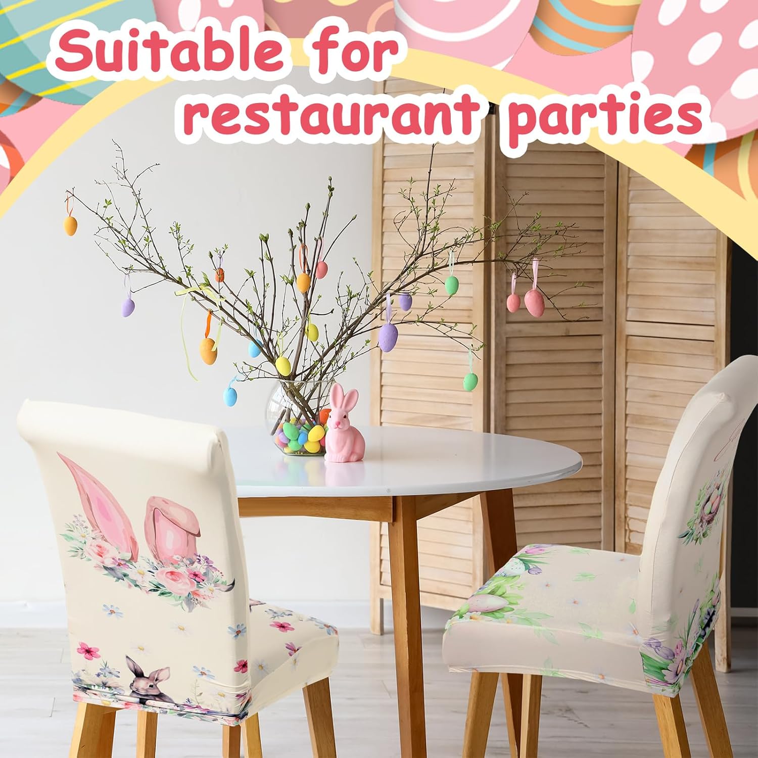 Hosuly 6 Pcs Easter Chair Covers Print Bunny Egg Flower Removable Seat Covers for Home Easter Spring Restaurant Decor or Hotel Restaurant Party Banquet